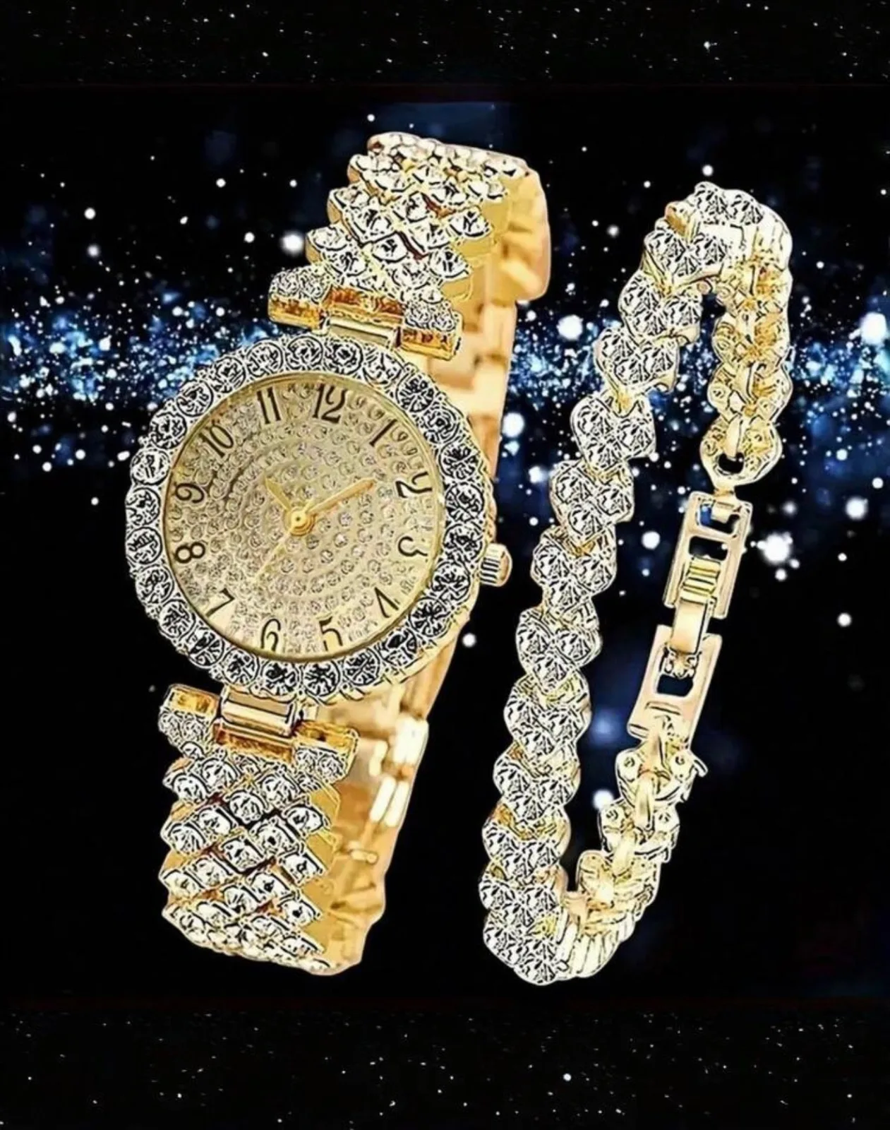 2pcs Set Elegant Quartz Watch & Jewelry Accessories, Fashionable Round Ladies Wristwatch & Crystal Bracelet