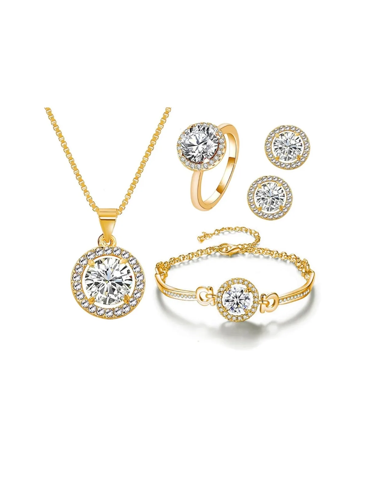 4Pieces Cubic Zirconia Jewellery Set Rhinestone Necklace Earrings Bracelet Ring