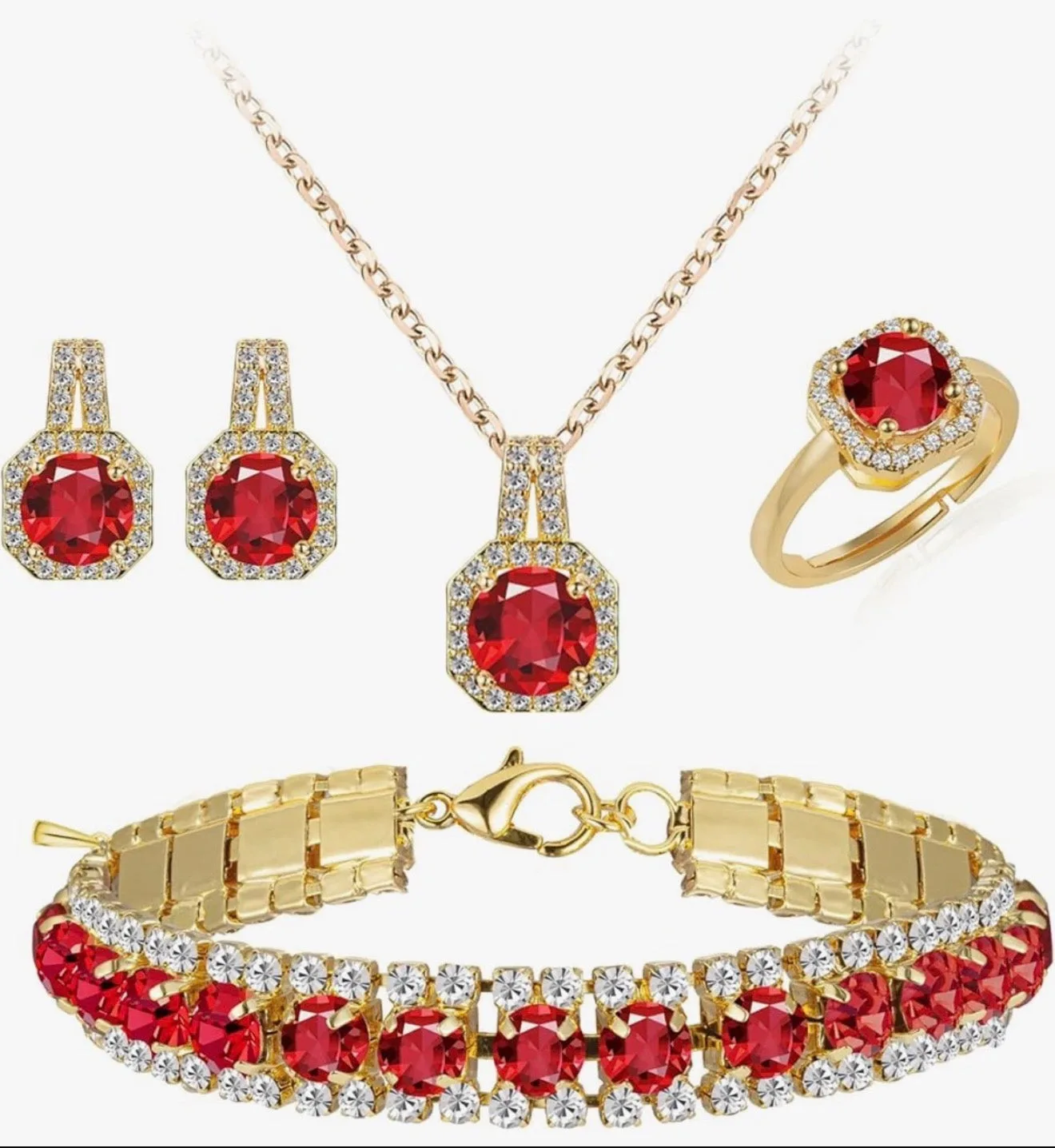 4pcs Cubic Zirconia Wedding Jewelry Sets for Bride Bridesmaid Cubic Zirconia Pendant Necklace Earrings Link Tennis Bracelet Open Ring Set for Women