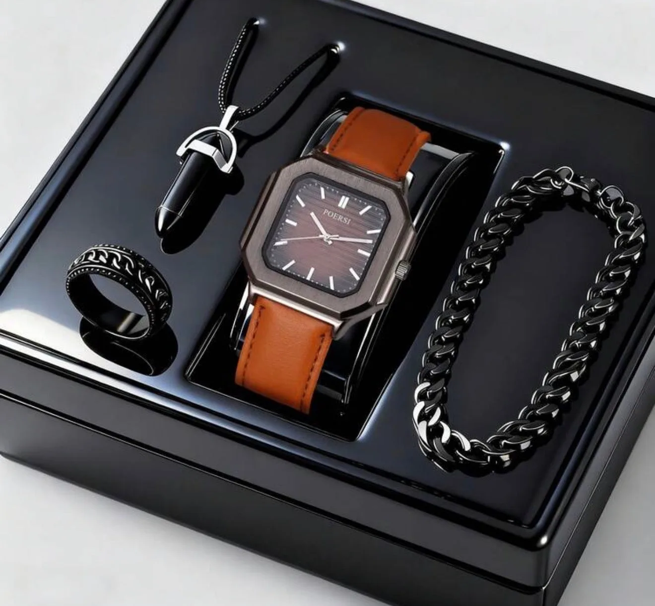 4PCS Men's  All-Match Watch Necklace Bracelet And Ring Set