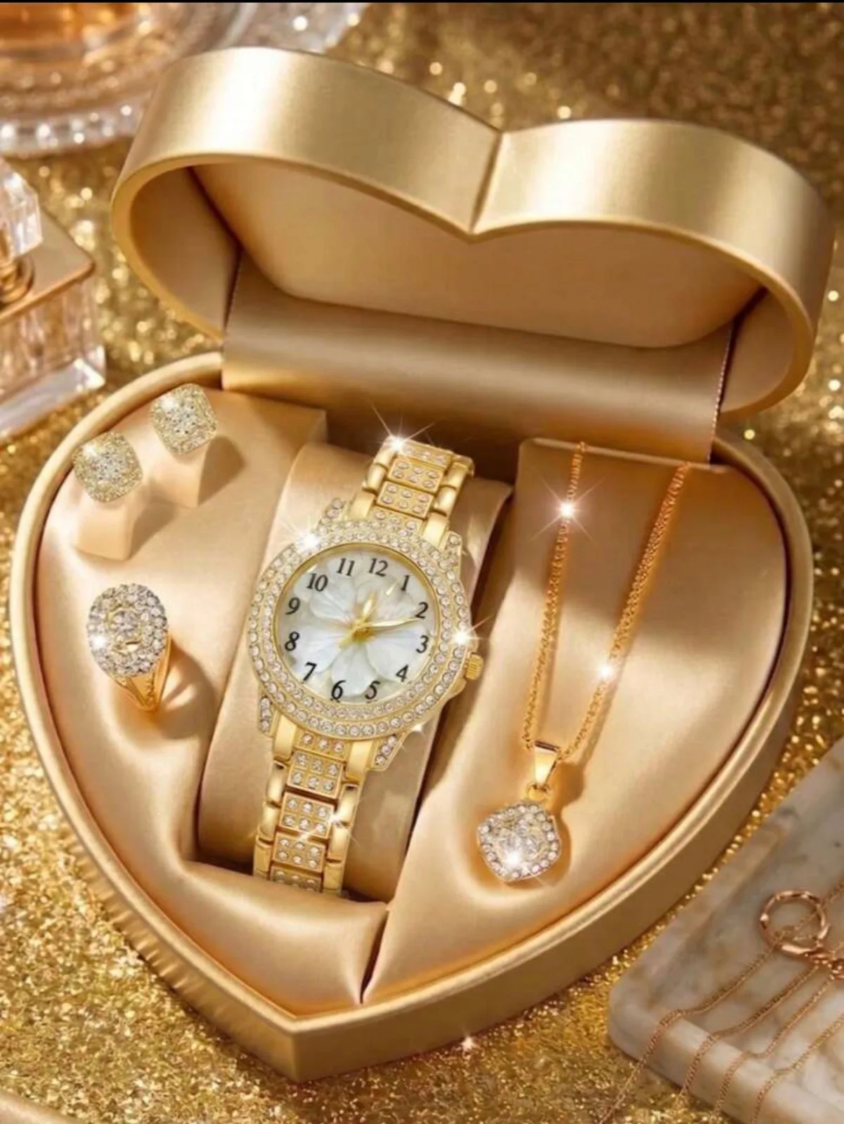 4PCS/Set Fashion Women's Watch, Elegant Luxury Rhinestone Floral Dial Quartz Watch With Rhinestone Necklace, Earrings, Ring