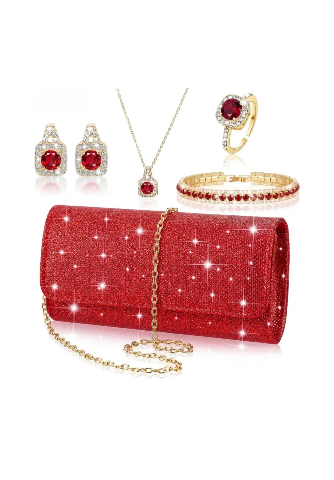 5 Pcs Rhinestone Jewelry Set for Women Clutch Purse Glitter Bling Costume Jewelry Accessories, Included Crystal Purse Bag Necklace Earrings Bracelet Ring, Bride Wedding ( Usa Express )