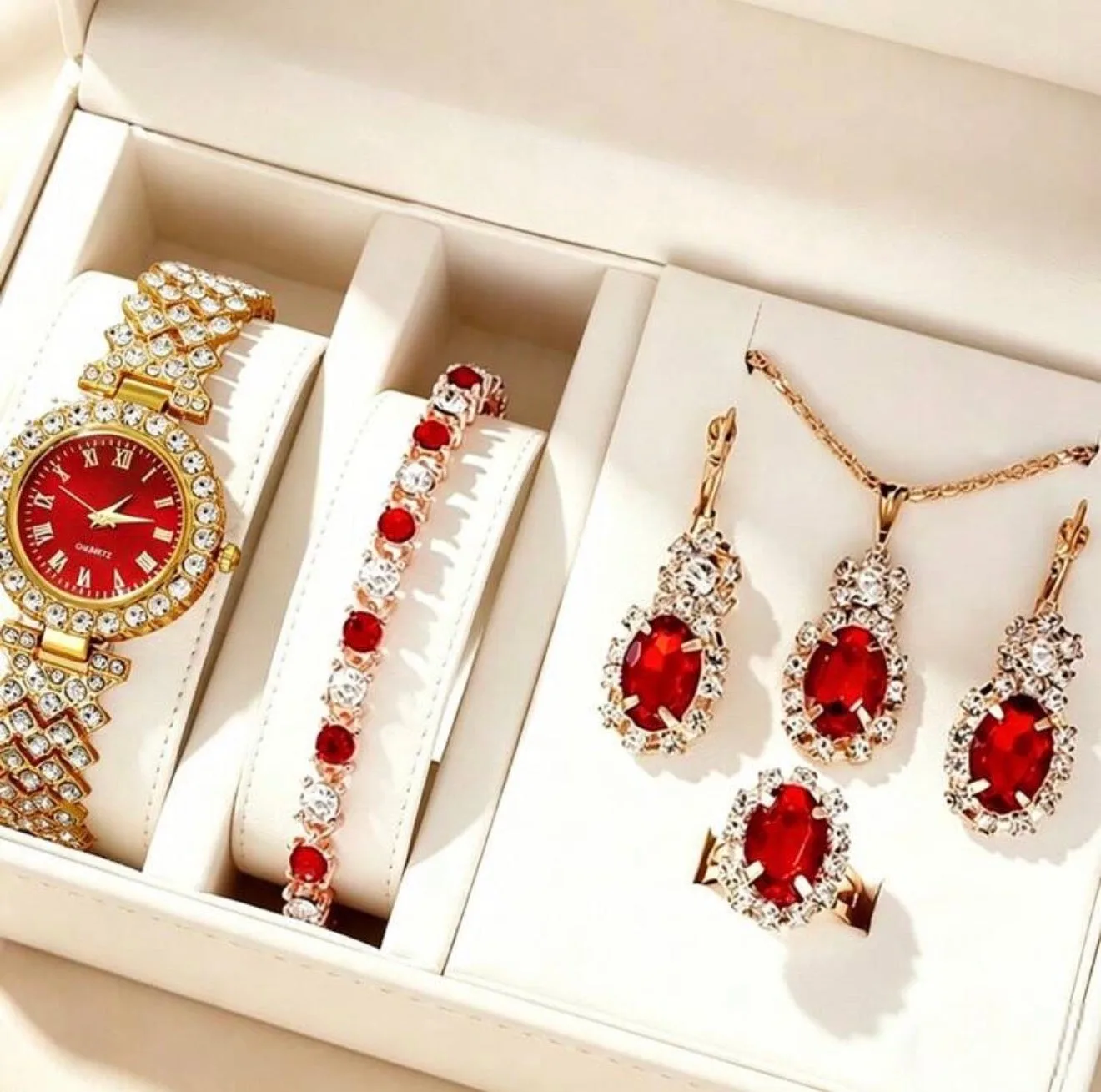 6pcs Luxury Women's Watch & Jewelry Set, Rose Gold Rhinestone Steel Band Wristwatch, Ruby Dial Design, Matching Ruby Bracelet, Necklace, Earrings, Ring, Sparkling & Elegant, Suitable For Party, Date, Gift For Women, Graduation, Watch Set Only