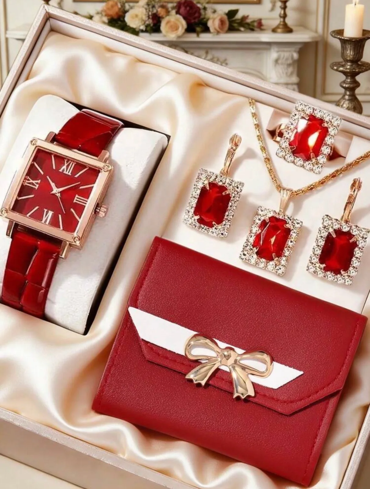 6pcs Set Elegant Women's Quartz Watch Set, Luxury Holiday Women's Red Diamond Accessory Set (Including Rose Gold Square Case With Red Dial And Roman Numerals, Red Leather Strap Quartz Watch)