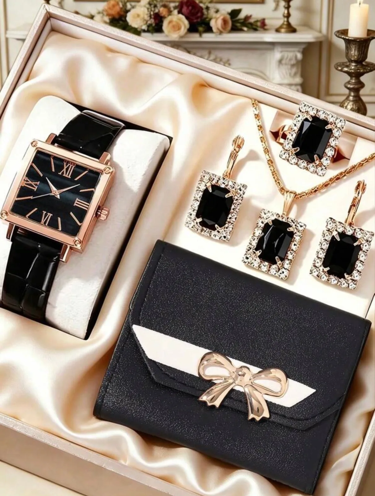 6pcs Set Elegant Women's Quartz Watch Set, Luxury Holiday Women's Red Diamond Accessory Set (Including Rose Gold Square Case With Red Dial And Roman Numerals, Red Leather Strap Quartz Watch)