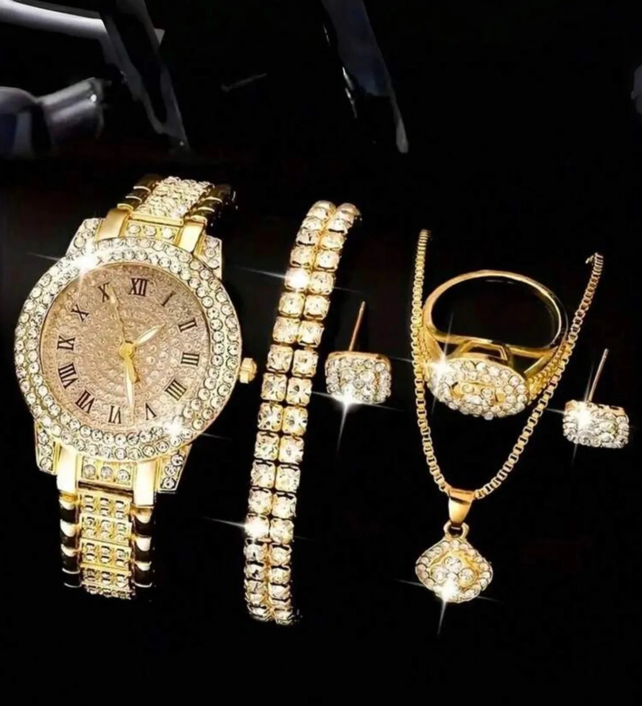 7pcs Elegant Quartz Watch & Jewelry Set, Fashionable Women's Round Watch, Crystal Necklace, Earrings, Ring, Bracelet Set