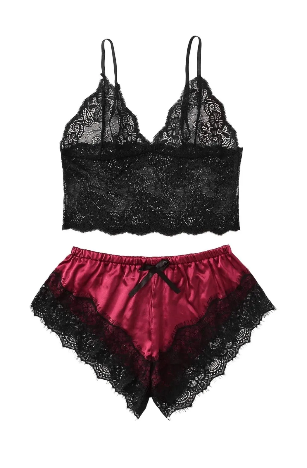 2 Pcs Women’s New Sexy Lace See-Through Pajamas Black Pink Cute Clothes Comfortable Breathable Suspender Shorts Set
