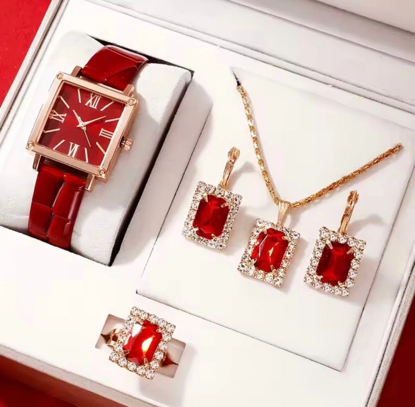 5pcs Women's Fashion Full Rhinestone Steel Strap Quartz Watch, Necklace, Ring, Earrings Jewelry Set ( Usa Express )
