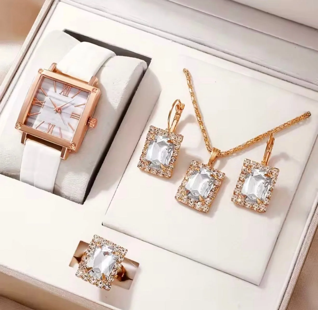 5pcs Women's Fashion Full Rhinestone Steel Strap Quartz Watch, Necklace, Ring, Earrings Jewelry Set ( Usa Express )
