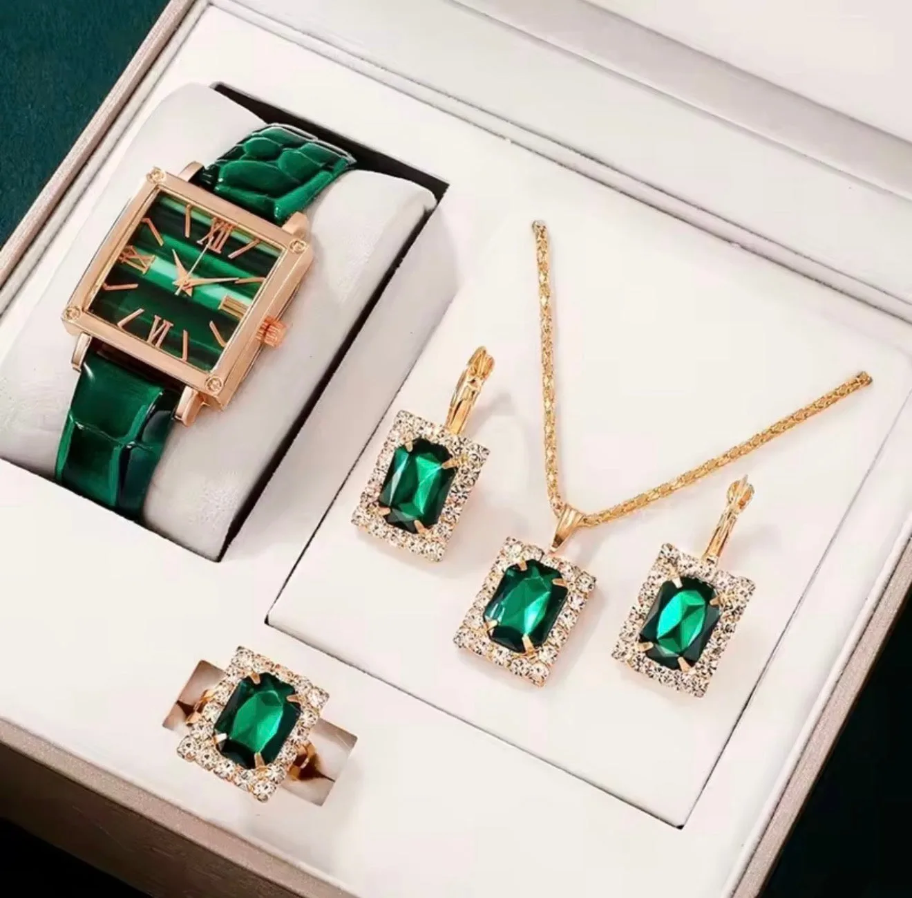 5pcs Women's Fashion Full Rhinestone Steel Strap Quartz Watch, Necklace, Ring, Earrings Jewelry Set ( Usa Express )