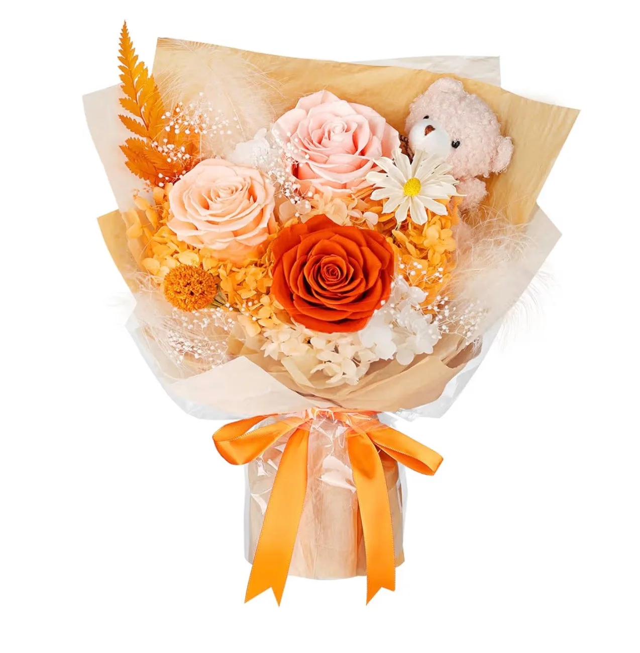 Flowers for Delivery with Bear, Orange Preserved Flowers, Gifts for Mom Her (Usa Express )