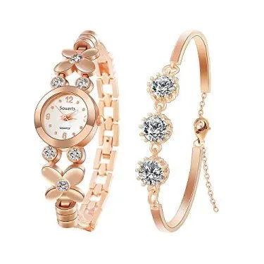 Luxury Womens Diamond Gold Watch and Bracelet