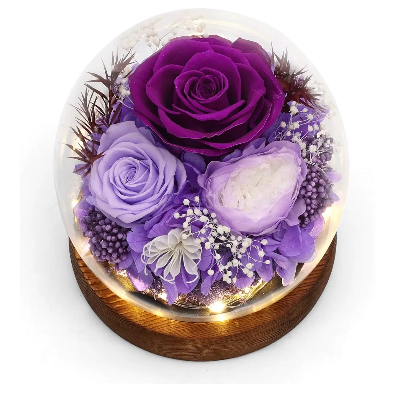 Preserved Flower Rose in Glass Dome with LED Light(Purple)( Usa Express )