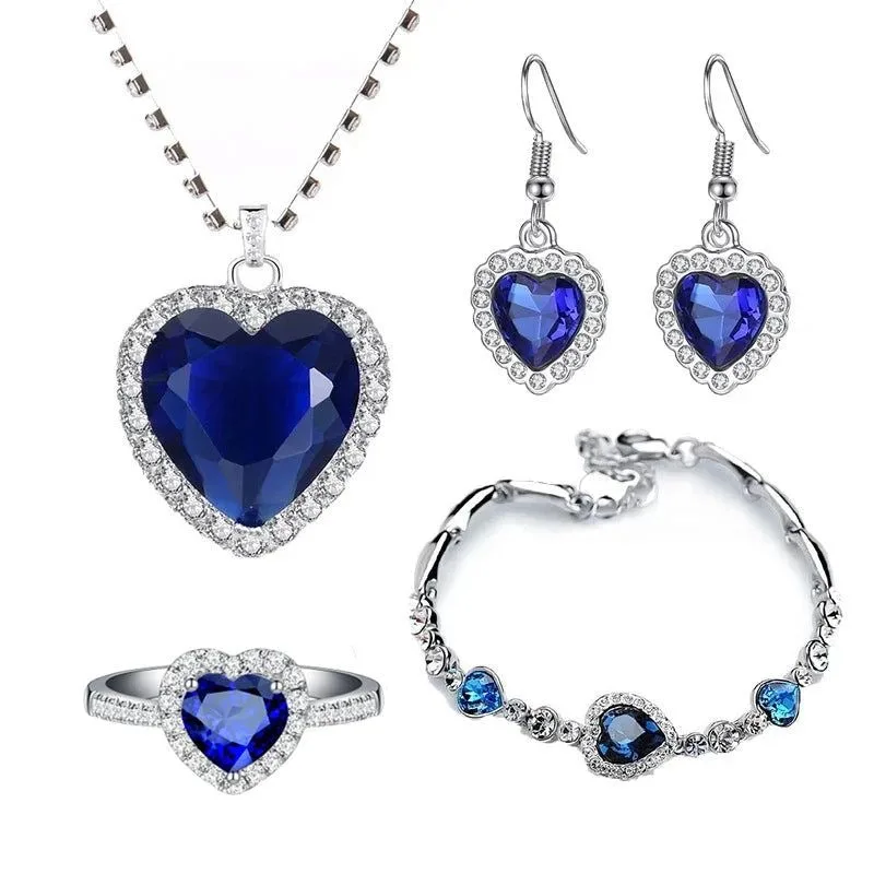 Set of Peach Heart Blue Crystal Jewelry Set Women ( Standard Delivery )