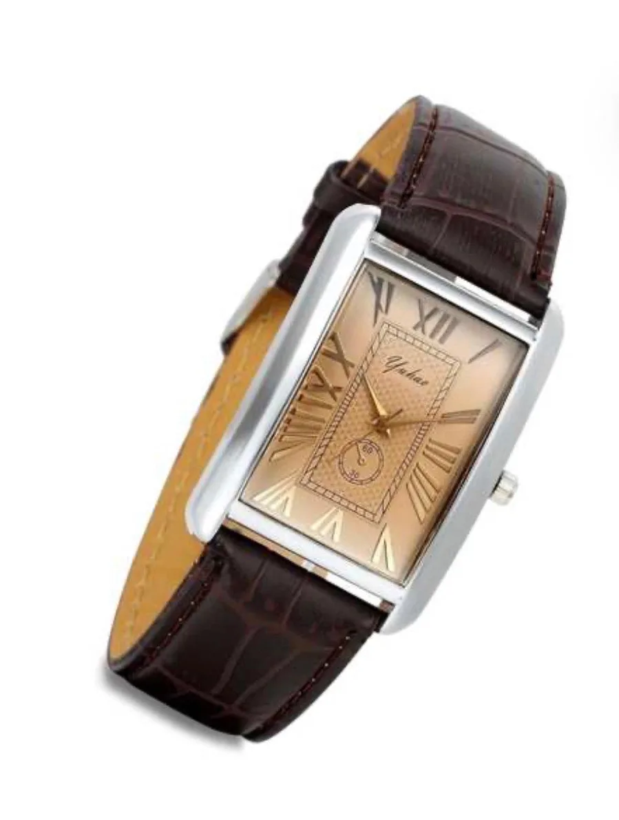 Unisex Retro Vintage Square Quartz Analog Watch Silver Tone Case Crocodile Pattern Brown Leather Business Casual Dress Wrist Watch
