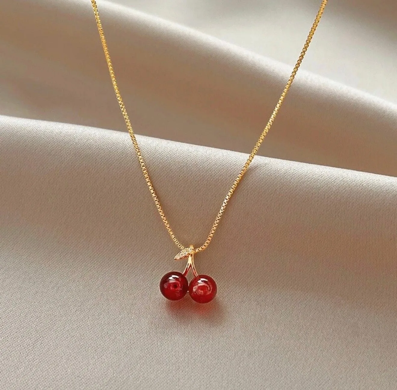 Women's Fashion Jewelry Gold Cubic Zircon Red Cherry Pendant Necklace ( Standard Delivery )